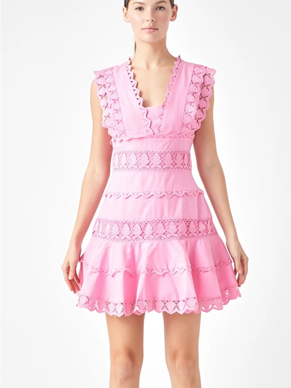 Endless Rose Pink Crochet-Trim V-Neck Mini Dress